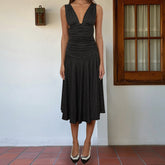 hirigin Elegant Women's Tank Dress Stylish Dot Print Pleated Waist Sleeveless V Neck A Line Dress for Summer Party Club